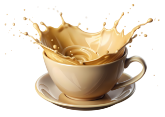 Splashing Milk Tea in a Ceramic Cup – High-Speed Liquid Motion- A dynamic and realistic 3D-rendered illustration of a milk tea splash captured in mid-air, overflowing from a ceramic cup.