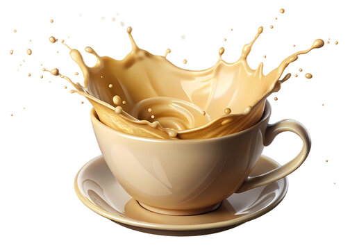Splashing Milk Tea in a Ceramic Cup &ndash; High-Speed Liquid Motion- A dynamic and realistic 3D-rendered illustration of a milk tea splash captured in mid-air, overflowing from a ceramic cup.