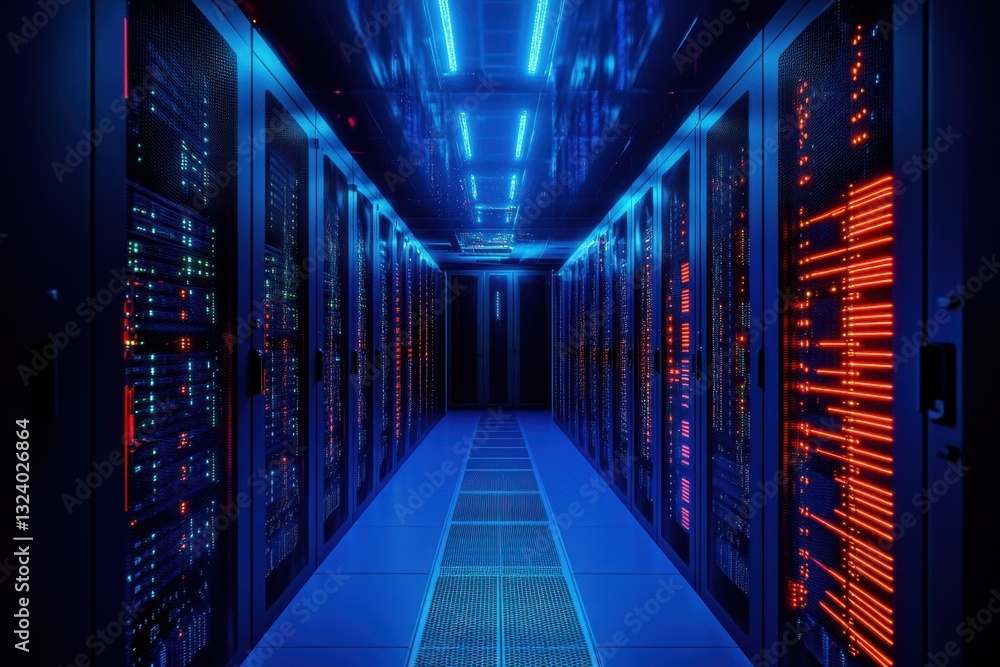 Poster data center corridor with illuminated servers in various colors during night hours