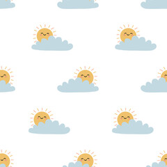Cute seamless pattern with funny suns and clouds. Boho children's print with weather elements. Ideal for children's textiles, wrapping paper, wallpaper, fabric, packaging. Vector illustration.