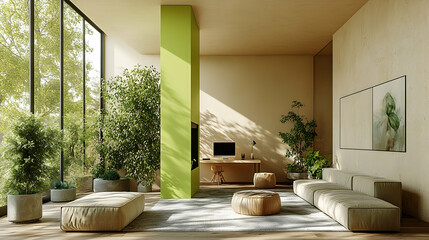 Modern minimalist living area with natural light and greenery