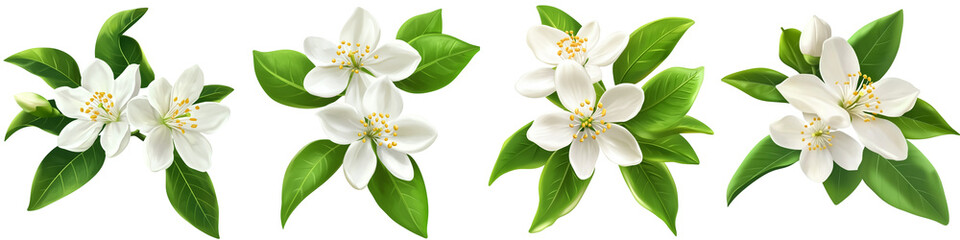 Obraz premium set of White lemon flowers with green leaves, white lemon flowers and green leaves, white lemon flowers surrounded by green leaves, white flowers, green leaves, on a transparent backgrounds