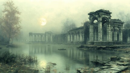 Ruins Reflecting in Calm Water Under Misty Sky with Moon