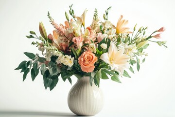 Obraz premium A vibrant spring bouquet featuring lilies and roses in a ceramic vase against a soft backdrop isolated on transparent background