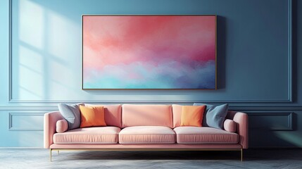 Contemporary abstract art on wall above stylish sofa living room digital artwork modern minimalist eye-level view