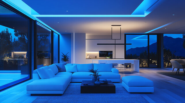 Modern living room design with blue lighting and minimalistic furniture.