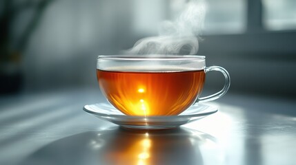 A steaming cup of tea, its amber liquid swirling gently within, rests on a pristine white surface, its steam billowing upwards in a delicate cloud, a symbol of warmth and comfort.