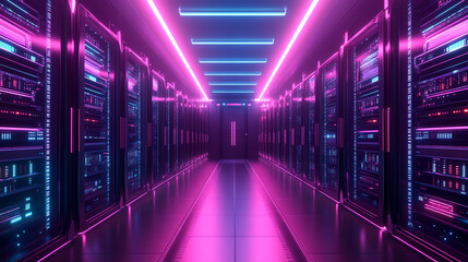 Fototapeta premium Futuristic server room illuminated with neon lights creating a vibrant tech atmosphere.