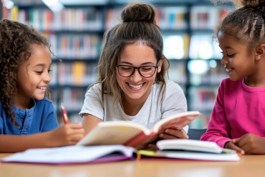 Female teacher engages with diverse children in library learning session. - Powered by Adobe
