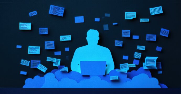 Paper cutout of developer surrounded by floating code snippets deep navy and bright blue symbolizing programming and coding