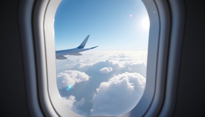 Beautiful View from Aircraft Window Above Fluffy Clouds and Bright Blue Sky on Clear Day