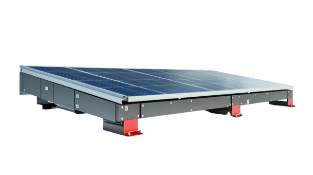 A modern solar panel system on a platform, designed for clean energy generation, isolated on a white background.