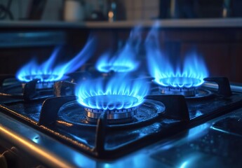A blue flame from a gas stove illuminates the kitchen at night in this close-up shot