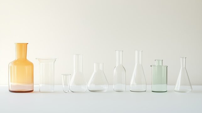 Collection of glass laboratory equipment arranged on a clean surface against a neutral background