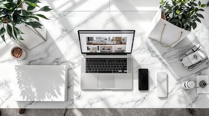 Modern living room with a sleek office setup featuring a laptop, phone, and tech equipment