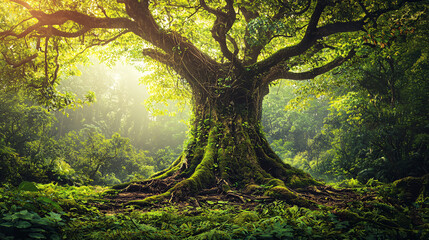 Fototapeta premium Ancient Tree Bathed in Golden Sunlight
