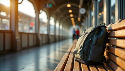 Backpack on a bench at a train station during golden hour with soft focus passengers in background