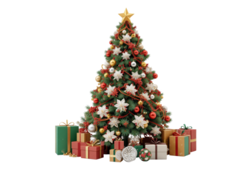 Decorated Christmas Tree with Star and Gift Boxes on White Background