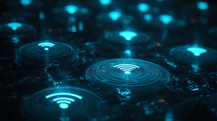 Futuristic design featuring glowing Wi-Fi signals in a digital landscape.