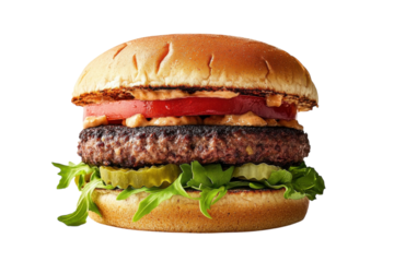 Juicy hamburger stacked high with fresh veggies and sauce on a soft bun, a perfect meal for any time isolated on transparent background