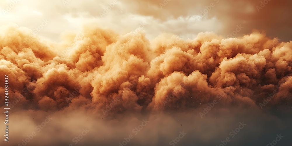 Poster a dramatic display of golden clouds rolling across the sky, creating an atmospheric and moody landsc