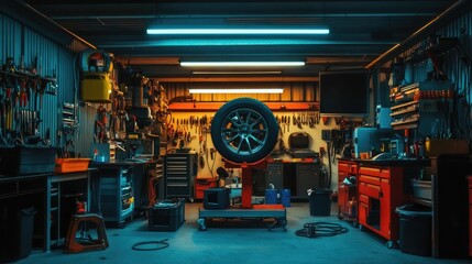 A well-lit automotive repair garage featuring a lifted car wheel, with tools, tires, and diagnostic machines surrounding the work area