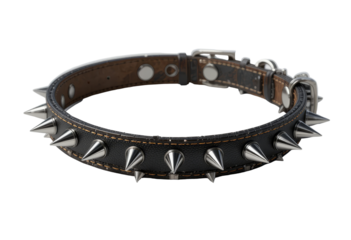 Spiked dog collar with metal accents on a plain background