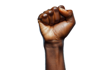 A raised fist symbolizing strength, resistance, and unity against injustice. Powerfully represents activism and social movements. Isolated on a white background.