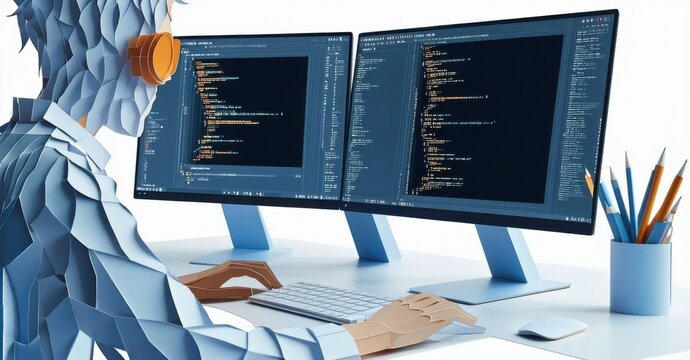 Paper cutout of developer using dual screen setup deep navy and soft silver symbolizing multitasking and high efficiency coding