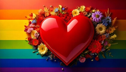 Red heart and flowers celebrating lgbtq+ pride on rainbow background