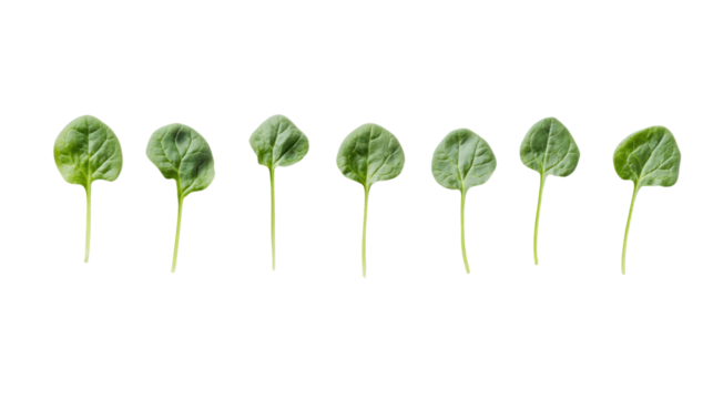 A series of fresh, green leaves arranged in a line showcasing their vibrant hue against a clean white background.