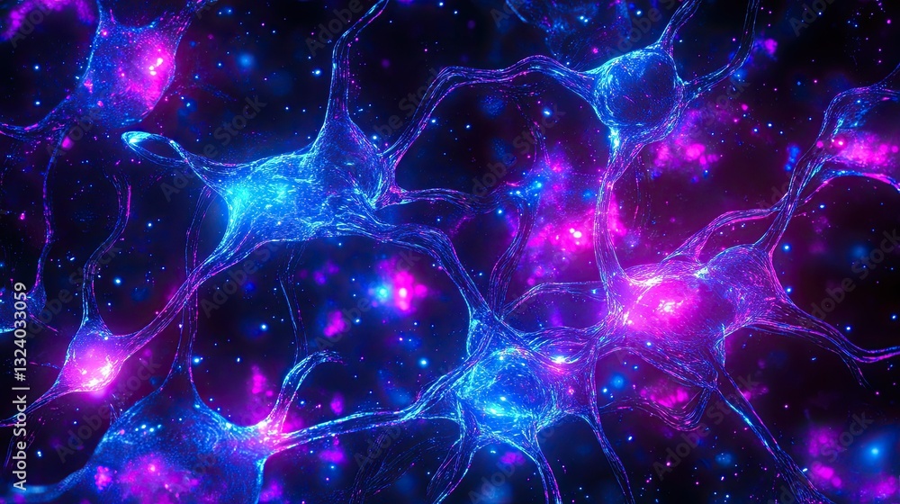 Poster abstract background of a glowing digital web with bright blue and violet nodes interconnected, repre