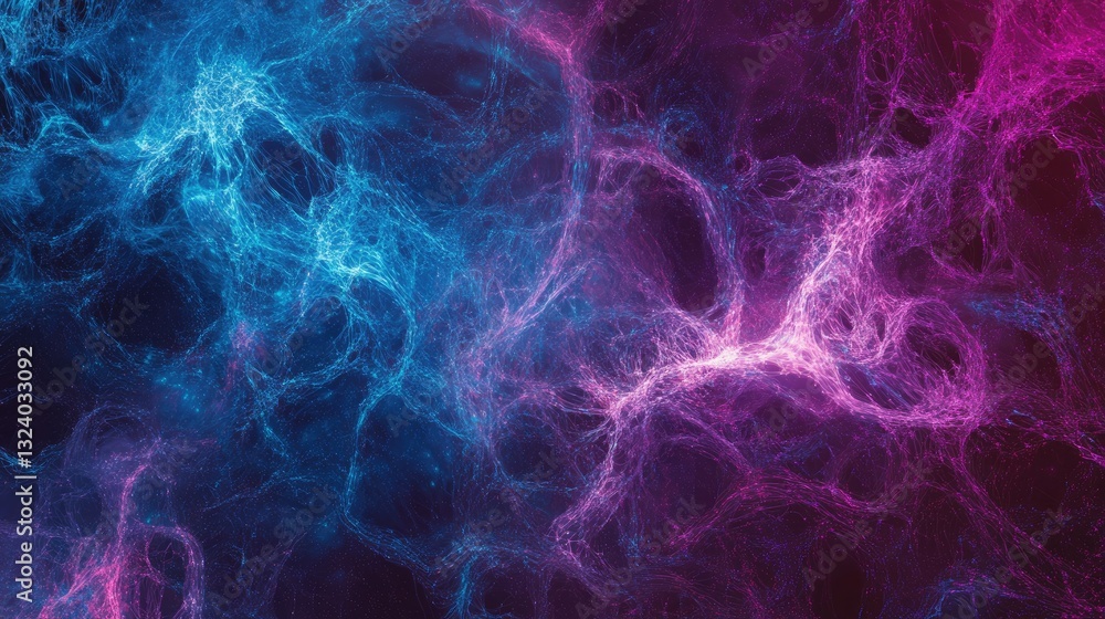Poster abstract background of a glowing digital web with bright blue and violet nodes interconnected, repre