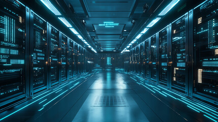 Obraz premium Futuristic server room with vibrant blue lights and high-tech hardware.