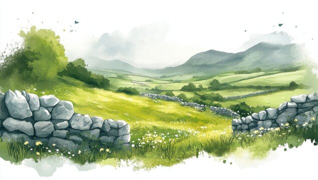 Watercolor painting of a beautiful, lush field with rolling hills and stone walls, featuring white wildflowers in the foreground, an Irish cottage on a distant hilltop