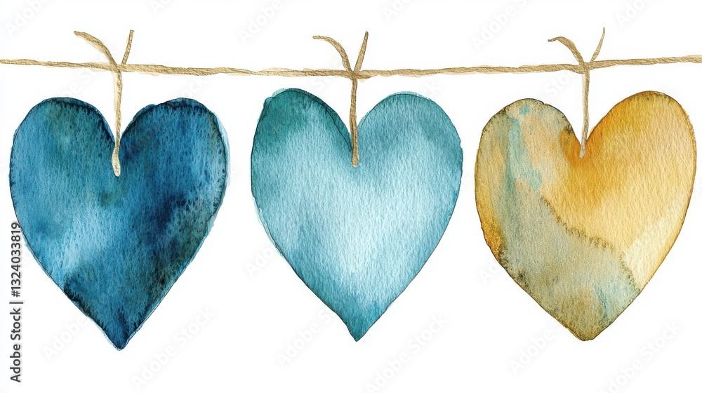 Poster a charming display of watercolor hearts in soft blue and orange hues on a rustic string line