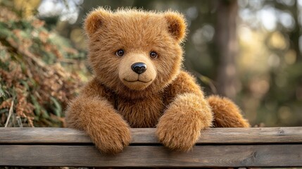 A lifelike teddy bear with soft, golden-brown fur, sitting on a wooden bench, its glassy eyes reflecting the warm sunlight.