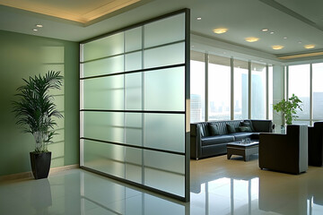 Modern office lounge area with frosted glass partition