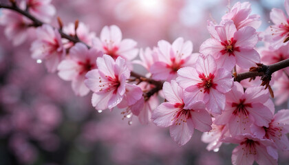 Fototapeta premium Sakura flowers after the rain in a vibrant pink bloom surrounded by soft light