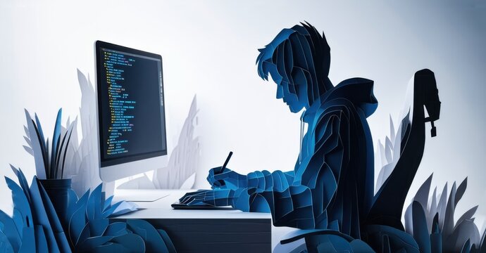 Paper cutout of developer writing code in dark themed text editor deep navy and soft silver symbolizing modern programming environments