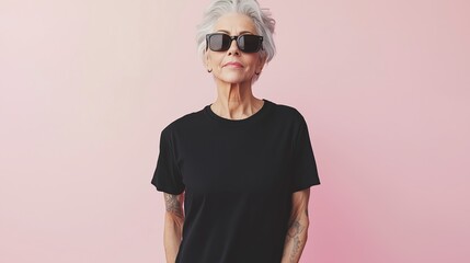 Elegant elderly woman with silver hair wearing a blank black t-shirt mockup and stylish sunglasses, standing confidently in a minimalist setting, exuding a modern fashion vibe