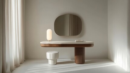 A minimalist dressing table, adorned with a single, slender white lamp, stands gracefully isolated against a crystal clear background, inviting viewers to envision their own reflection in its