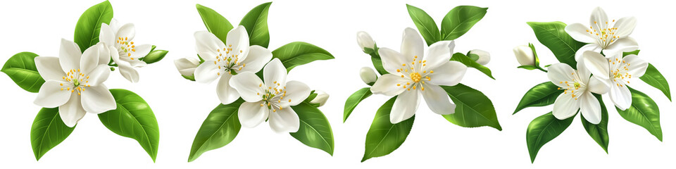 set of White lemon flowers with green leaves, white lemon flowers and green leaves, white lemon flowers surrounded by green leaves, white flowers, green leaves, on a transparent backgrounds