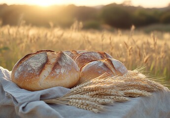 Rustic breads and wheat ears on a tablecloth against a blurred background of a field with sun rays, close-up view. 