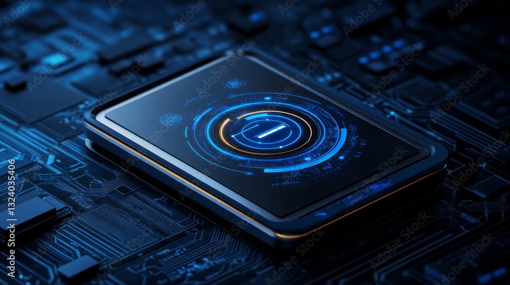 Poster intricate closeup black and blue computer microchip with central blue button on dark background