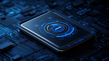 Intricate closeup black and blue computer microchip with central blue button on dark background