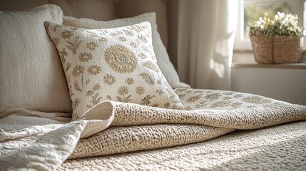 Cozy bedroom relaxation scene with floral bedding natural light home decor soft textures inviting atmosphere