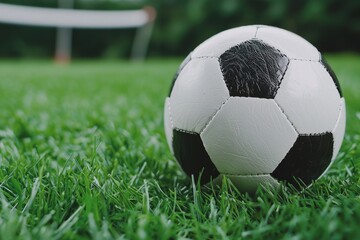 Fototapeta premium A close-up of a classic black and white soccer ball on green grass