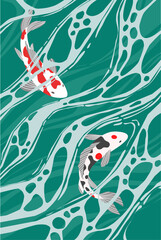 Natural illustration of green lake water and beautiful Koi fish with foam flow. Green color abstract texture 