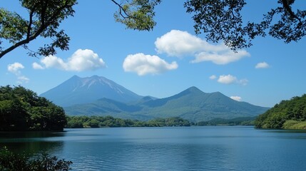 Serene lake scene features mountain peaks beneath a clear sky